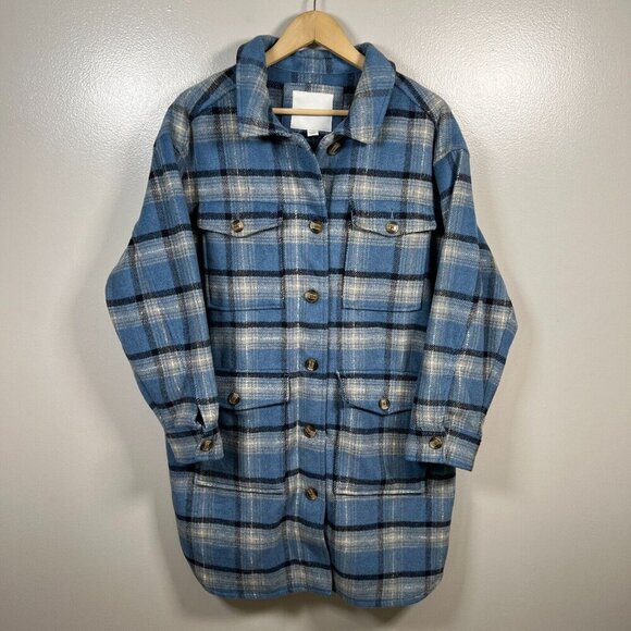 American Eagle Oversized Brushed Plaid Shacket Jacket Womens Size Large Blue - Picture 1 of 12
